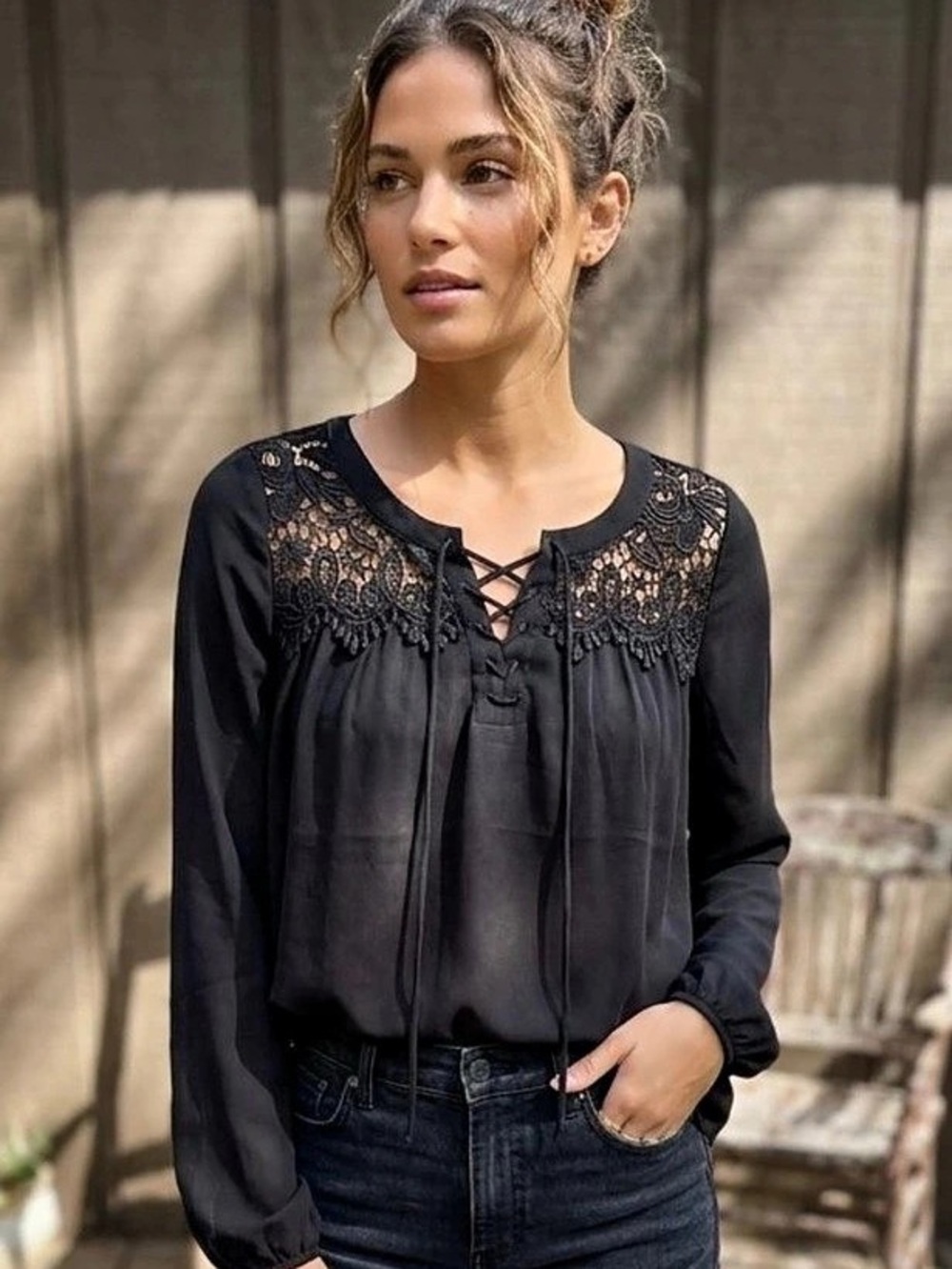 Express Black Lace Yoke Blouse Size Medium Like New